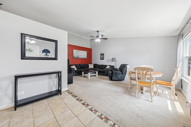1247 Trinity Dr, Carol Stream, IL 60188 - living area featuring light colored carpet, light tile patterned flooring, and a ceiling fan