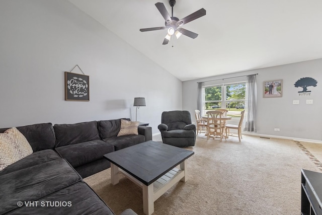 1247 Trinity Dr, Carol Stream, IL 60188 - living room featuring ceiling fan, carpet, and high vaulted ceiling