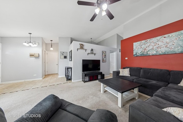 1247 Trinity Dr, Carol Stream, IL 60188 - living area with carpet flooring, a ceiling fan, a chandelier, and vaulted ceiling