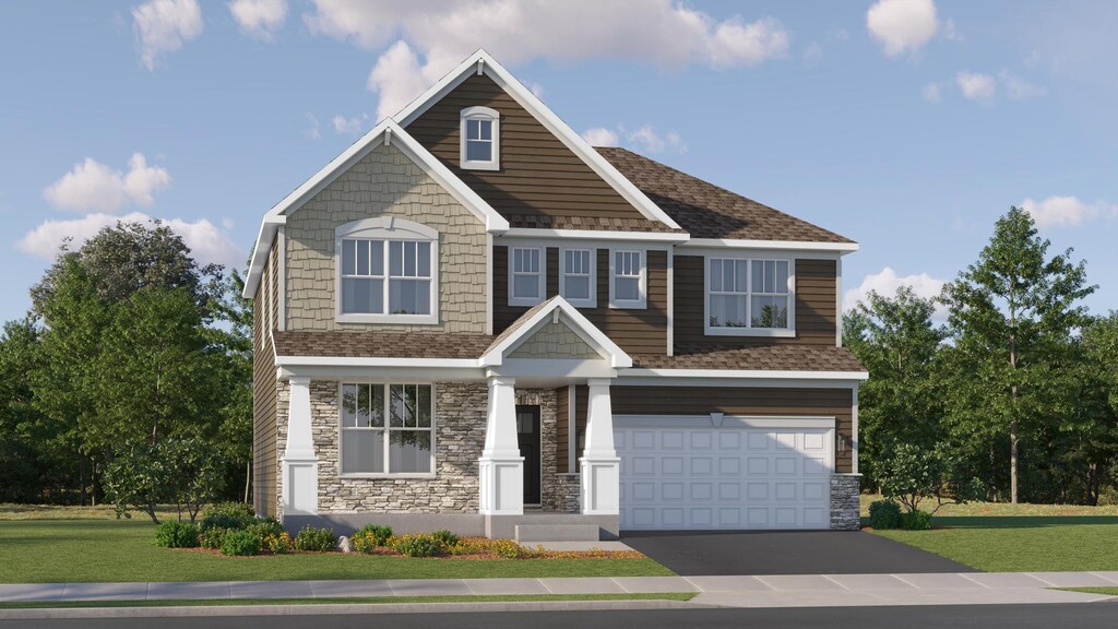 1141 Waterford St, Algonquin, IL 60102 - craftsman house featuring a garage, stone siding, driveway, and a front lawn