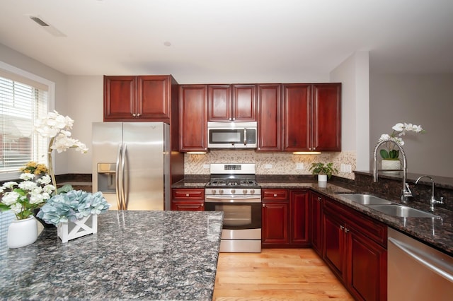 kitchen featuring appliances with stainless steel finishes, reddish brown cabinets, a sink, and light wood-style floors