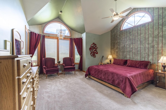 56 Huntsman Ln, Plano, IL 60545 - bedroom with carpet, a chandelier, a ceiling fan, and high vaulted ceiling