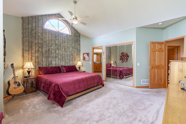 56 Huntsman Ln, Plano, IL 60545 - bedroom with carpet flooring, baseboards, ceiling fan, a closet, and high vaulted ceiling