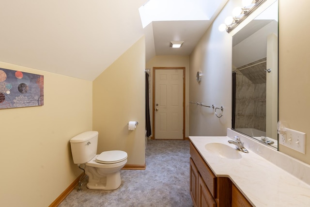 56 Huntsman Ln, Plano, IL 60545 - bathroom featuring a skylight, vaulted ceiling, vanity, toilet, and baseboards