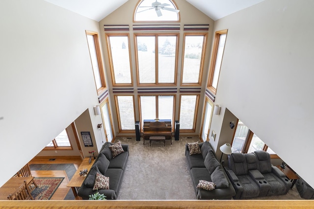 56 Huntsman Ln, Plano, IL 60545 - living room with high vaulted ceiling and ceiling fan