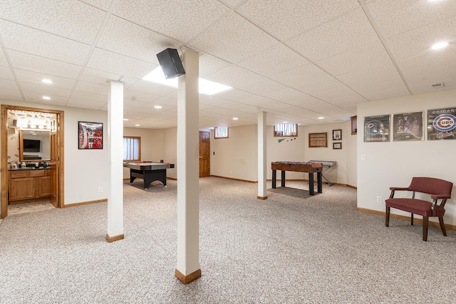 56 Huntsman Ln, Plano, IL 60545 - finished basement featuring light carpet, billiards table, baseboards, recessed lighting, and a drop ceiling