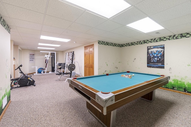 56 Huntsman Ln, Plano, IL 60545 - game room with carpet, a drop ceiling, pool table, and baseboards