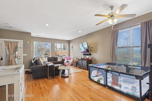 1845 N Marshfield Ave, Chicago, IL 60622 - living room with light wood finished floors, a ceiling fan, and recessed lighting