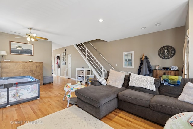 1845 N Marshfield Ave, Chicago, IL 60622 - living room featuring stairway, wood finished floors, ceiling fan, recessed lighting, and baseboards