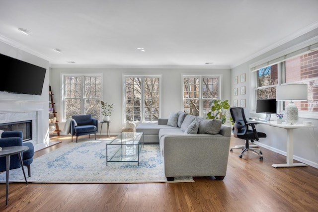 living room with an office area, wood finished floors, a premium fireplace, crown molding, and baseboards