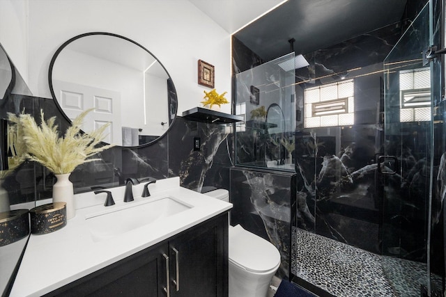 13524 S S Ave M, Chicago, IL 60633 - bathroom featuring tile walls, toilet, a marble finish shower, vanity, and decorative backsplash