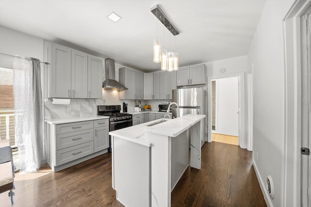 13524 S S Ave M, Chicago, IL 60633 - kitchen featuring gray cabinetry, wall chimney exhaust hood, appliances with stainless steel finishes, and dark wood finished floors