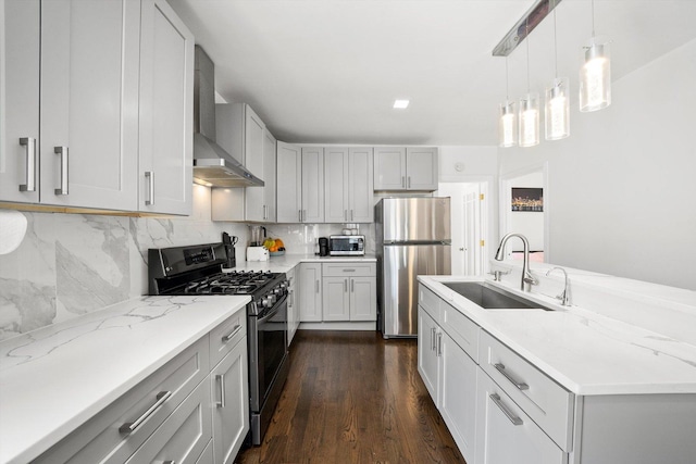 13524 S S Ave M, Chicago, IL 60633 - kitchen with appliances with stainless steel finishes, a sink, wall chimney range hood, tasteful backsplash, and light stone counters
