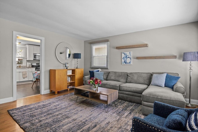 living area featuring wood finished floors and baseboards