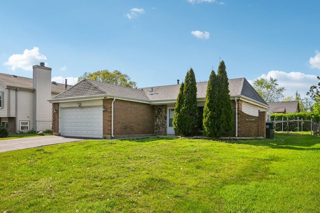ranch-style house with brick siding, an attached garage, and driveway