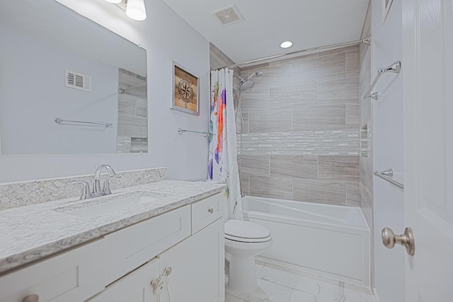 1706 Childs St, Wheaton, IL 60187 - bathroom with shower / tub combo, toilet, vanity, marble finish flooring, and recessed lighting