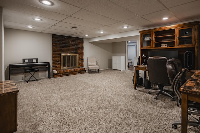 1706 Childs St, Wheaton, IL 60187 - office with carpet, recessed lighting, a drop ceiling, a brick fireplace, and baseboards