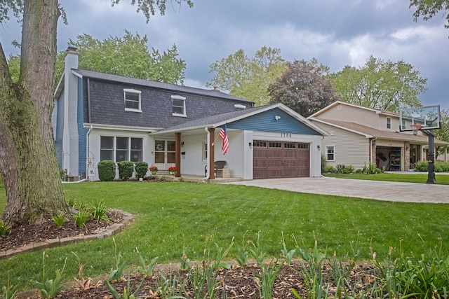 1706 Childs St, Wheaton, IL 60187 - view of front of property with an attached garage, a shingled roof, driveway, a front yard, and a chimney