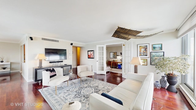 6033 N Sheridan Rd Unit 27B, Chicago, IL 60660 - living room with baseboard heating, wood finished floors, crown molding, french doors, and baseboards