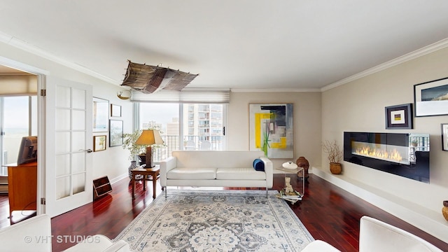 6033 N Sheridan Rd Unit 27B, Chicago, IL 60660 - living room featuring ornamental molding, wood finished floors, baseboards, and a glass covered fireplace