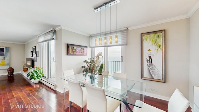 6033 N Sheridan Rd Unit 27B, Chicago, IL 60660 - dining space with baseboards, dark wood finished floors, crown molding, and a baseboard radiator