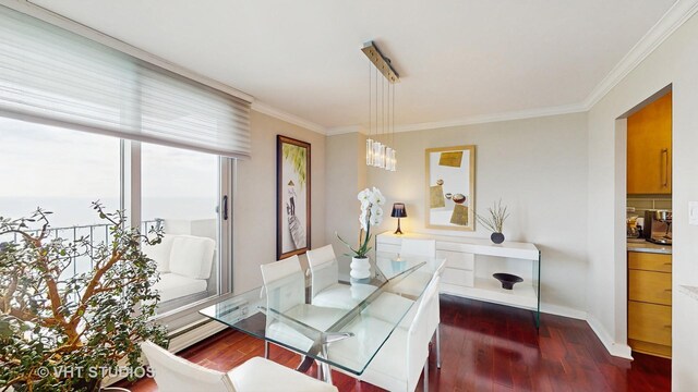6033 N Sheridan Rd Unit 27B, Chicago, IL 60660 - dining space with dark wood-type flooring, crown molding, a chandelier, and baseboards