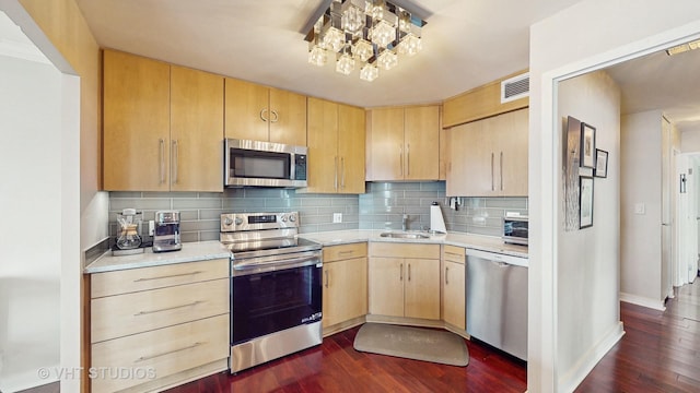 6033 N Sheridan Rd Unit 27B, Chicago, IL 60660 - kitchen featuring appliances with stainless steel finishes, light brown cabinetry, light countertops, dark wood finished floors, and a sink