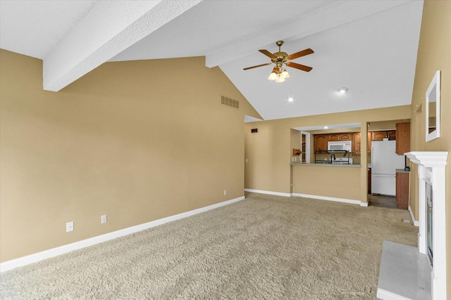 1109 Pomona Dr Unit 1109, Champaign, IL 61822 - unfurnished living room featuring beam ceiling, ceiling fan, light carpet, high vaulted ceiling, and recessed lighting