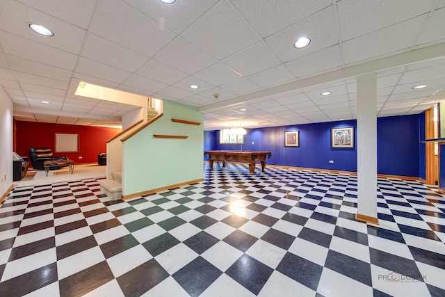 337 S Harrison Ct, Palatine, IL 60067 - rec room with baseboards, a paneled ceiling, tile patterned floors, billiards, and recessed lighting