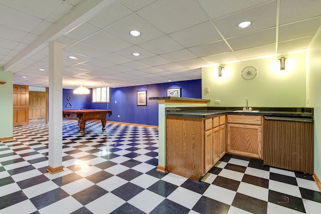 337 S Harrison Ct, Palatine, IL 60067 - indoor wet bar featuring dark floors, billiards, recessed lighting, and a paneled ceiling