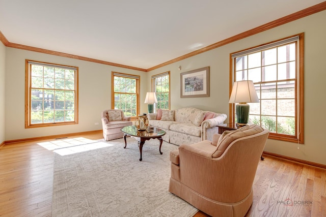 337 S Harrison Ct, Palatine, IL 60067 - living room with healthy amount of natural light, baseboards, light wood finished floors, and crown molding