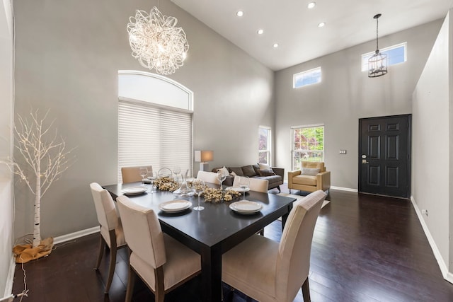 2990 Melbourne Ln, Lake In The Hills, IL 60156 - dining space with recessed lighting, baseboards, a high ceiling, dark wood-style flooring, and a chandelier
