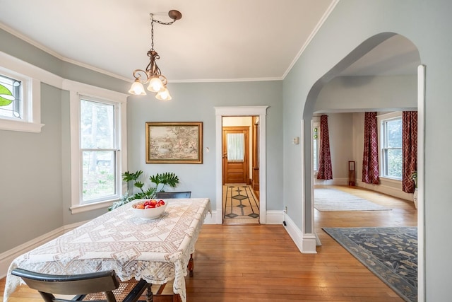 144 Hill Ave, Elgin, IL 60120 - dining room featuring arched walkways, plenty of natural light, a chandelier, and crown molding