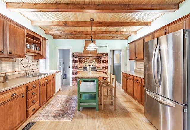 144 Hill Ave, Elgin, IL 60120 - kitchen featuring freestanding refrigerator, light wood finished floors, open shelves, tasteful backsplash, and a wood ceiling with exposed beams