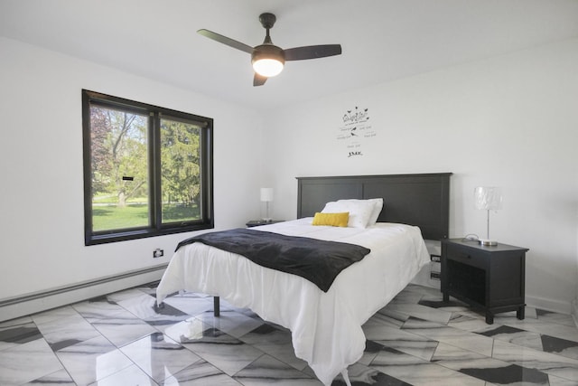bedroom with a baseboard radiator, ceiling fan, and baseboards