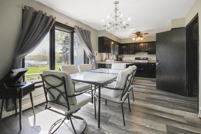 dining area with a chandelier, wood finished floors, and a ceiling fan