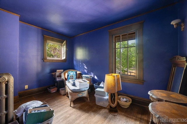 sitting room featuring ornamental molding, wood finished floors, and baseboards