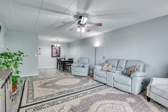 5S040 Pebblewood Ln Unit W503, Naperville, IL 60563 - living room featuring wood finished floors, a ceiling fan, a chandelier, and baseboards