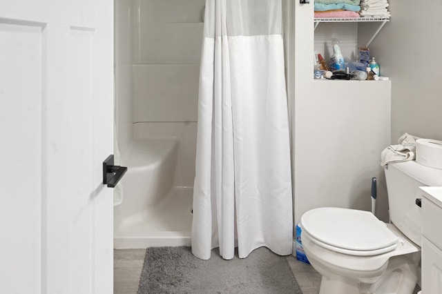 10499 E Shagbark Ln, Rochelle, IL 61068 - bathroom featuring toilet, a stall shower, and wood finished floors