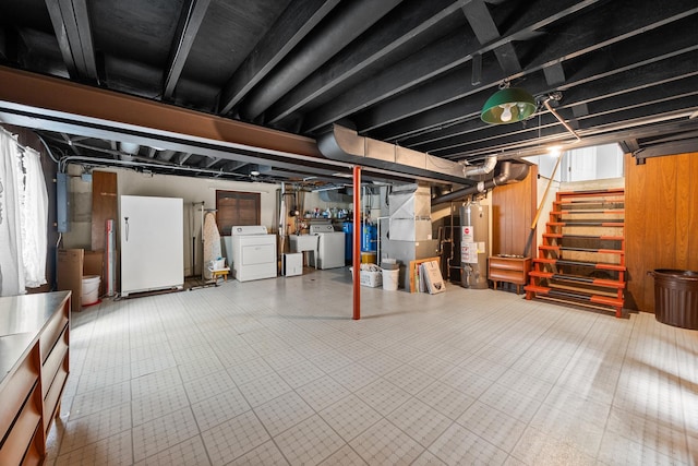 7N204 Eagle Ave, Medinah, IL 60157 - basement featuring water heater, freestanding refrigerator, stairs, washer and dryer, and heating unit