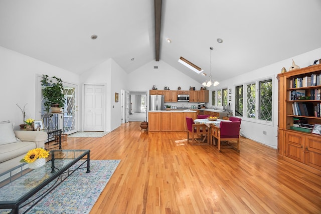 7N204 Eagle Ave, Medinah, IL 60157 - living room featuring high vaulted ceiling, beamed ceiling, light wood-type flooring, and a chandelier
