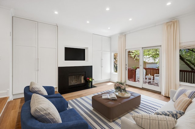 343 W Goethe St, Chicago, IL 60610 - living area with crown molding, recessed lighting, light wood-style floors, and a fireplace with flush hearth