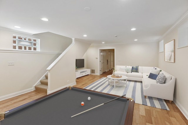 343 W Goethe St, Chicago, IL 60610 - recreation room with wood finished floors, baseboards, ornamental molding, recessed lighting, and billiards table
