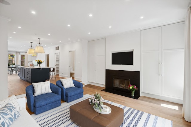 343 W Goethe St, Chicago, IL 60610 - living area featuring crown molding, light wood-type flooring, a fireplace with flush hearth, and recessed lighting