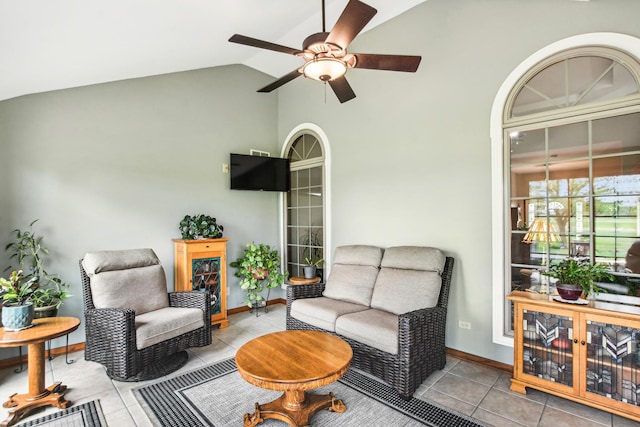 3840 W Nettle Creek Dr, Morris, IL 60450 - tiled living area with vaulted ceiling, ceiling fan, and baseboards