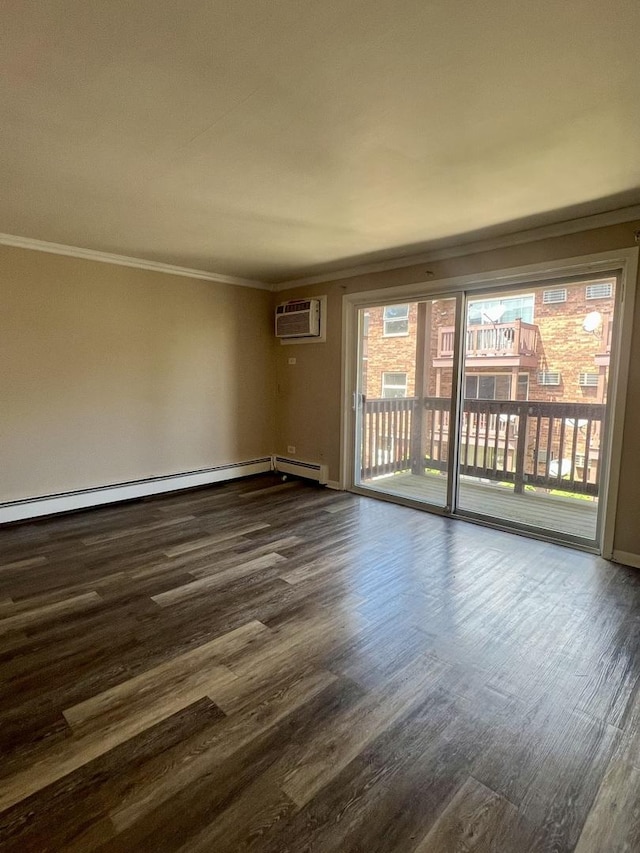empty room featuring dark wood finished floors, ornamental molding, a wall mounted AC, baseboards, and a baseboard heating unit