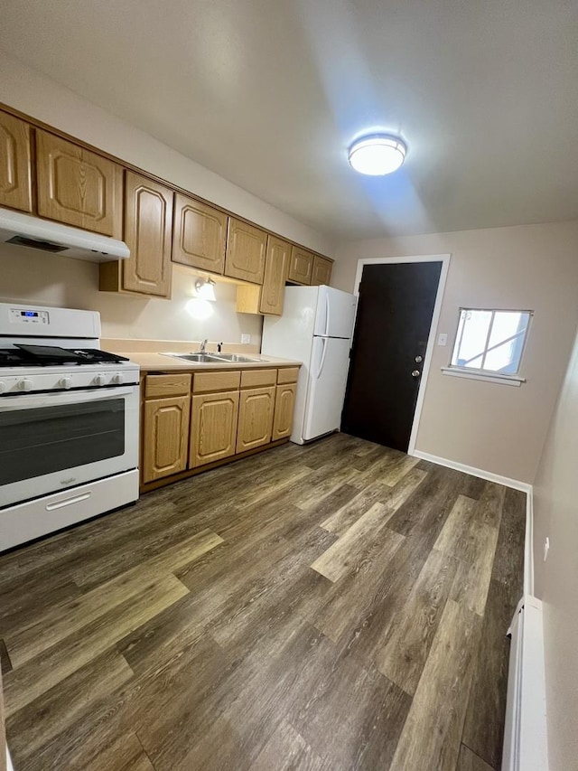 kitchen with white appliances, under cabinet range hood, light countertops, dark wood-style floors, and a sink