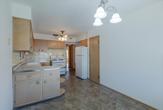 4717 N Newcastle Ave, Harwood Heights, IL 60706 - kitchen with white appliances, a sink, light countertops, a peninsula, and backsplash