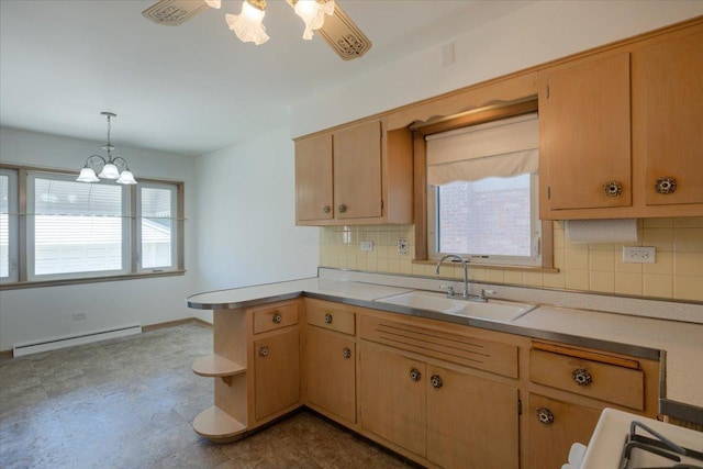 4717 N Newcastle Ave, Harwood Heights, IL 60706 - kitchen with a baseboard heating unit, a sink, a peninsula, and light countertops