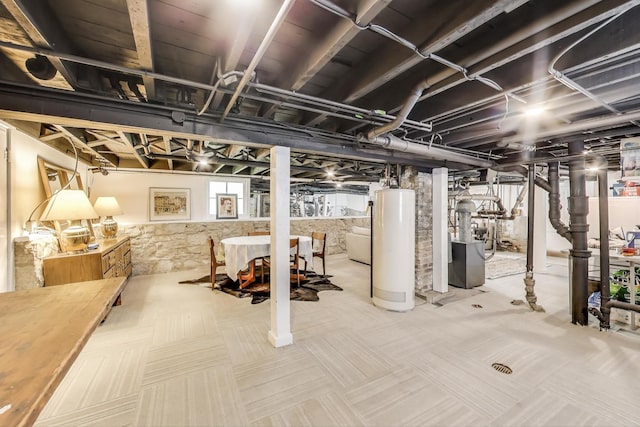 518 Clarence Ave, Oak Park, IL 60304 - basement featuring gas water heater, a heating unit, and carpet flooring